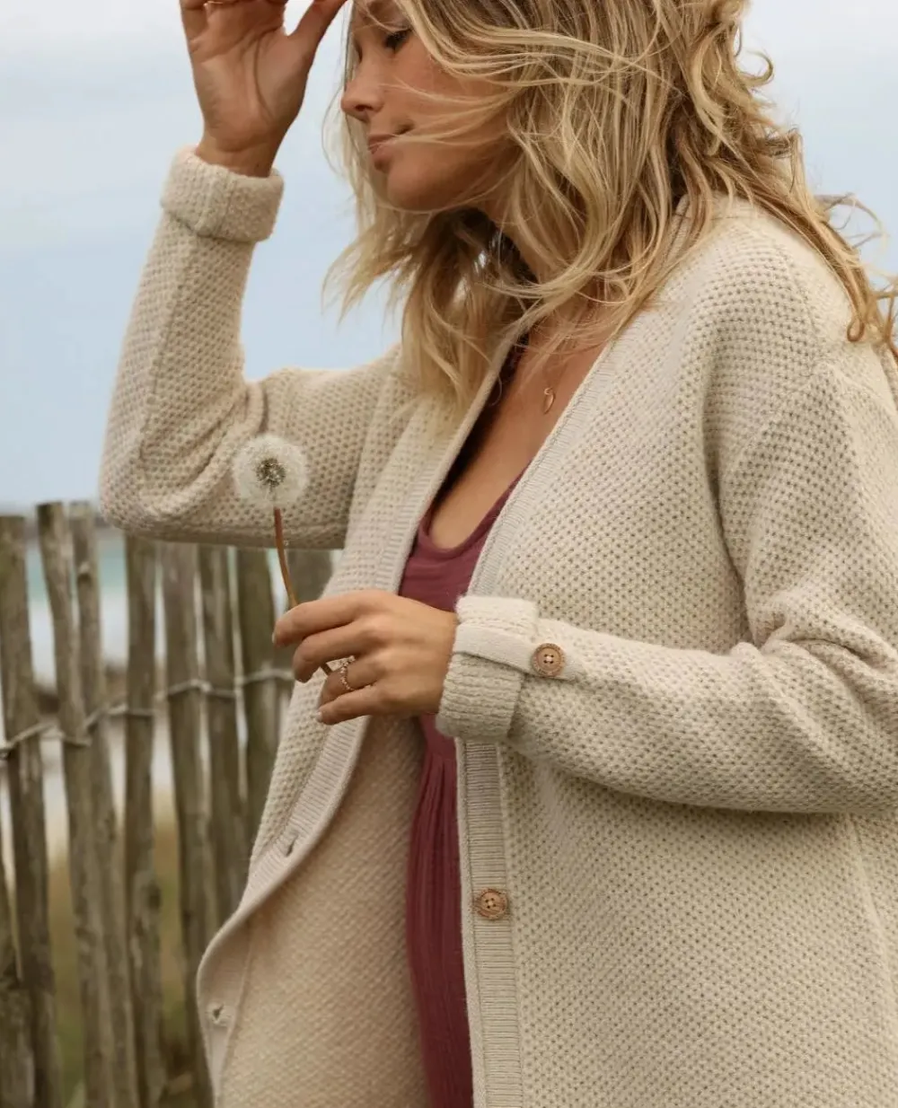 Cache Cœur Pulls D'allaitement|Hauts-Cardigan de grossesse en maille Abelha beige