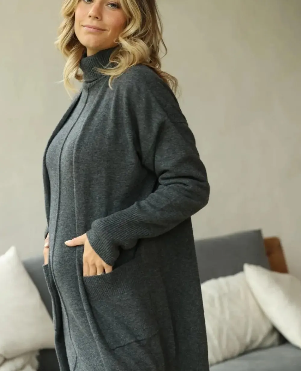 Cache Cœur Pulls D'allaitement|Vestes D'intérieur-Long cardigan de grossesse en cachemire Laurie anthracite