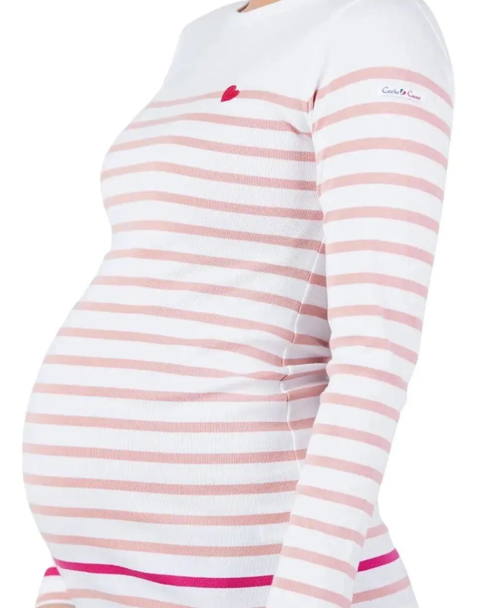 Cache Cœur Pulls D'allaitement|Chemises Et Tops D'allaitement-Marinière de grossesse blanc et rose Brest - Made in France