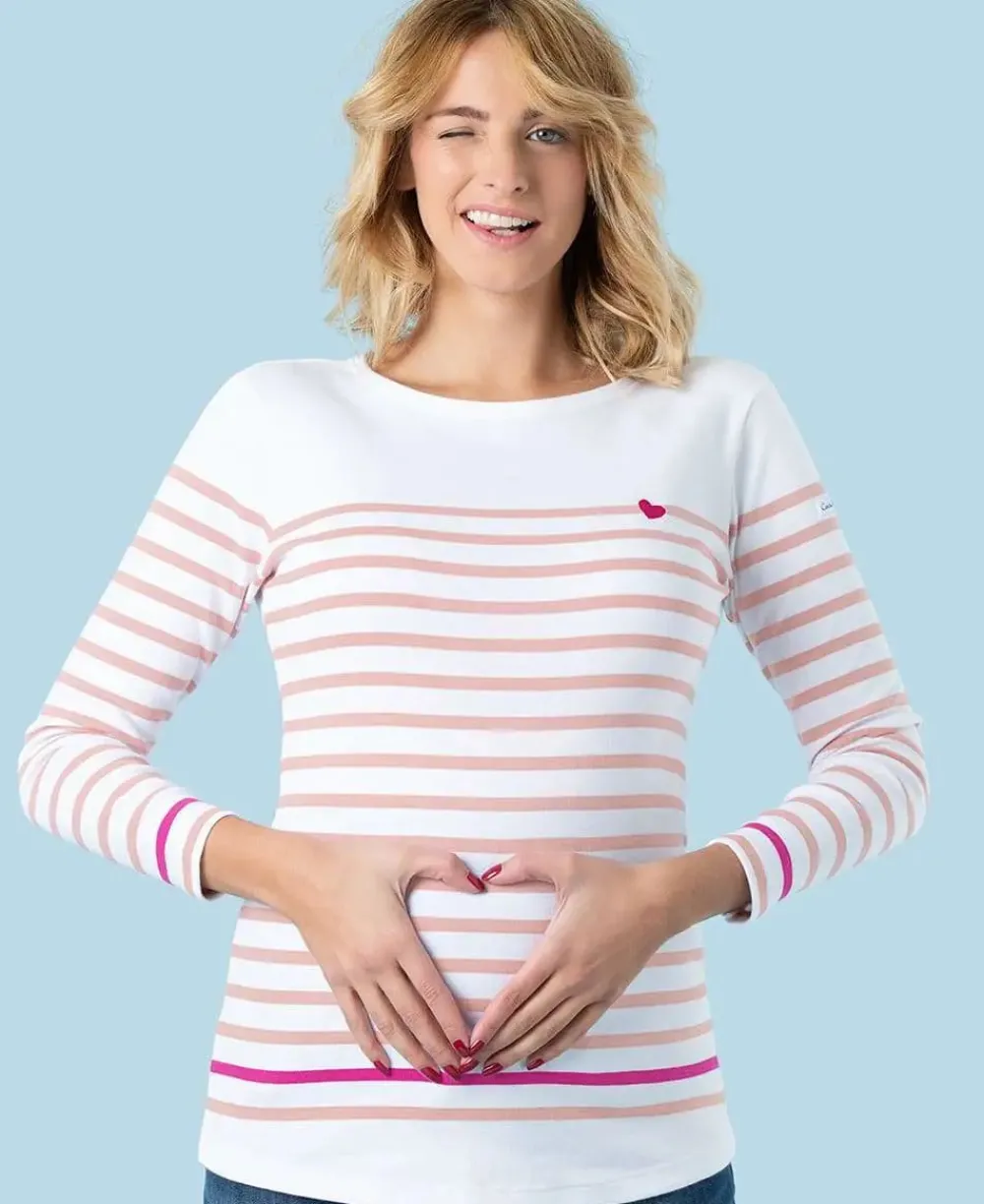 Cache Cœur Pulls D'allaitement|Chemises Et Tops D'allaitement-Marinière de grossesse blanc et rose Brest - Made in France